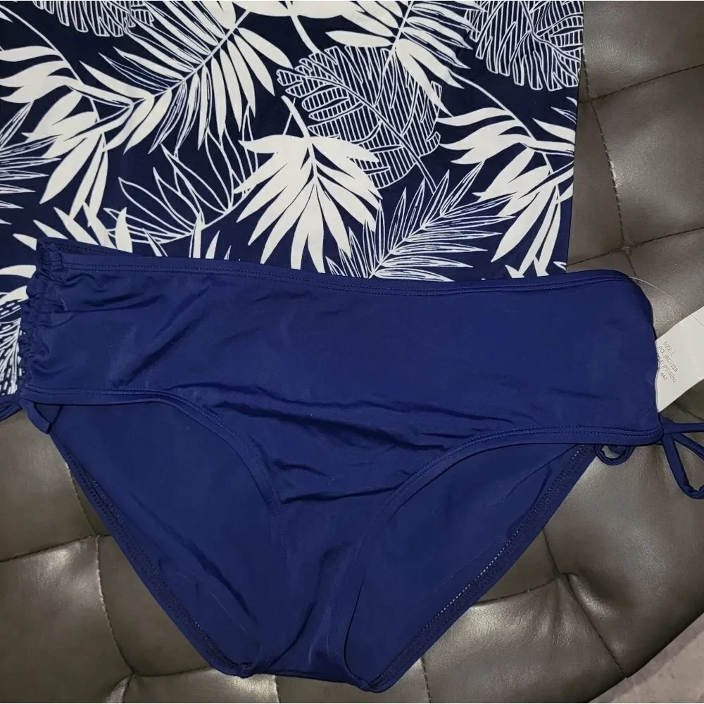 Jantzen High Neck Navy White Palm Tankini Top Navy Drawstring side tie b…